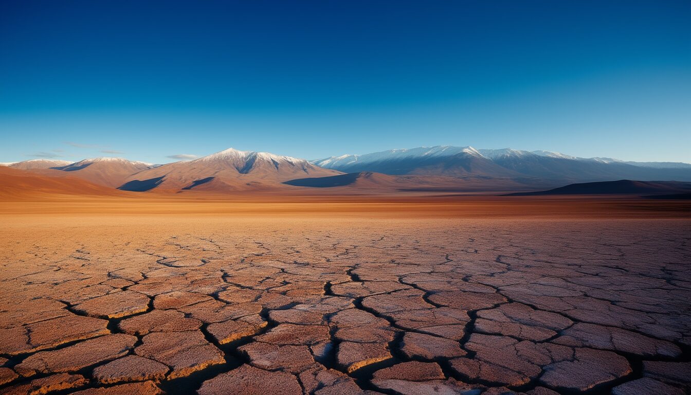 Ausgetrocknete, rissige Salzebene der Atacama-Wüste mit fernen Anden-Vulkanen unter wolkenlosem Himmel
