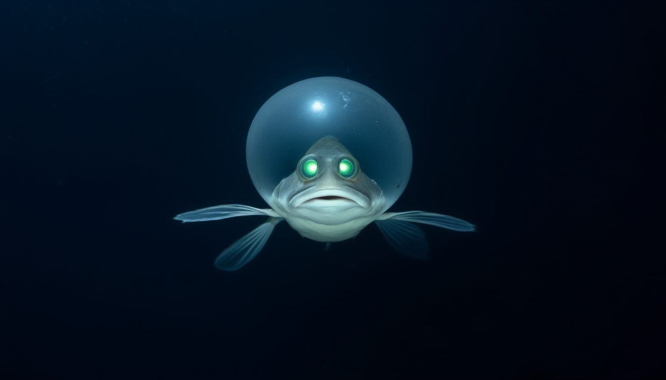 Barreleye-Tiefseefisch mit durchsichtigem Kopf und leuchtend grünen Augen im dunklen Ozean