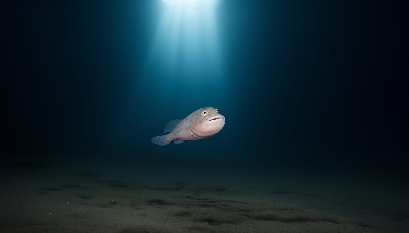 Blobfisch schwebt kompakt und unverformt dicht über dem dunklen Meeresboden der Tiefsee