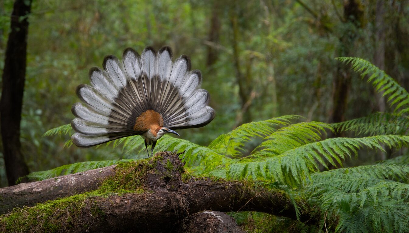 Männlicher Prachtleierschwanz entfaltet seinen leierförmigen Schwanz im australischen Regenwald.