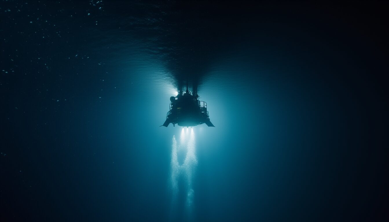 Tiefsee-Tauchboot mit Scheinwerfern sinkt in die dunkelblaue Finsternis des Marianengrabens hinab