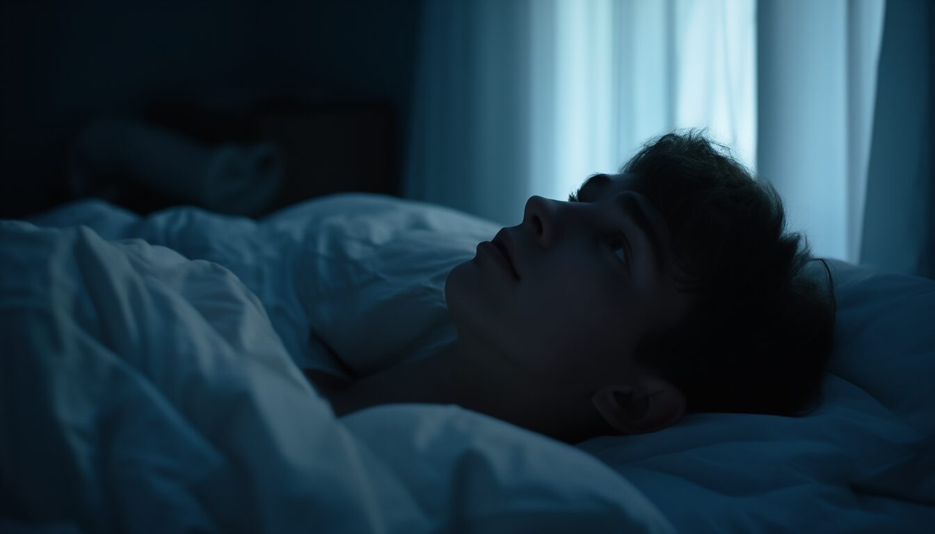 Junger Mensch liegt nachts wach auf dem Rücken im mondbeschienenen Schlafzimmer, Augen offen, angespannter Ausdruck