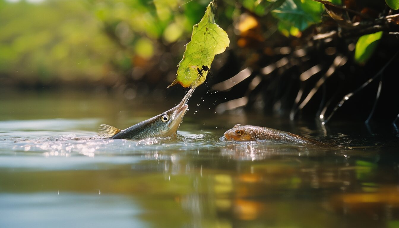 Schützenfisch schießt an der Wasseroberfläche einen Wasserstrahl nach oben auf ein Insekt an einem überhängenden Mangrovenblatt