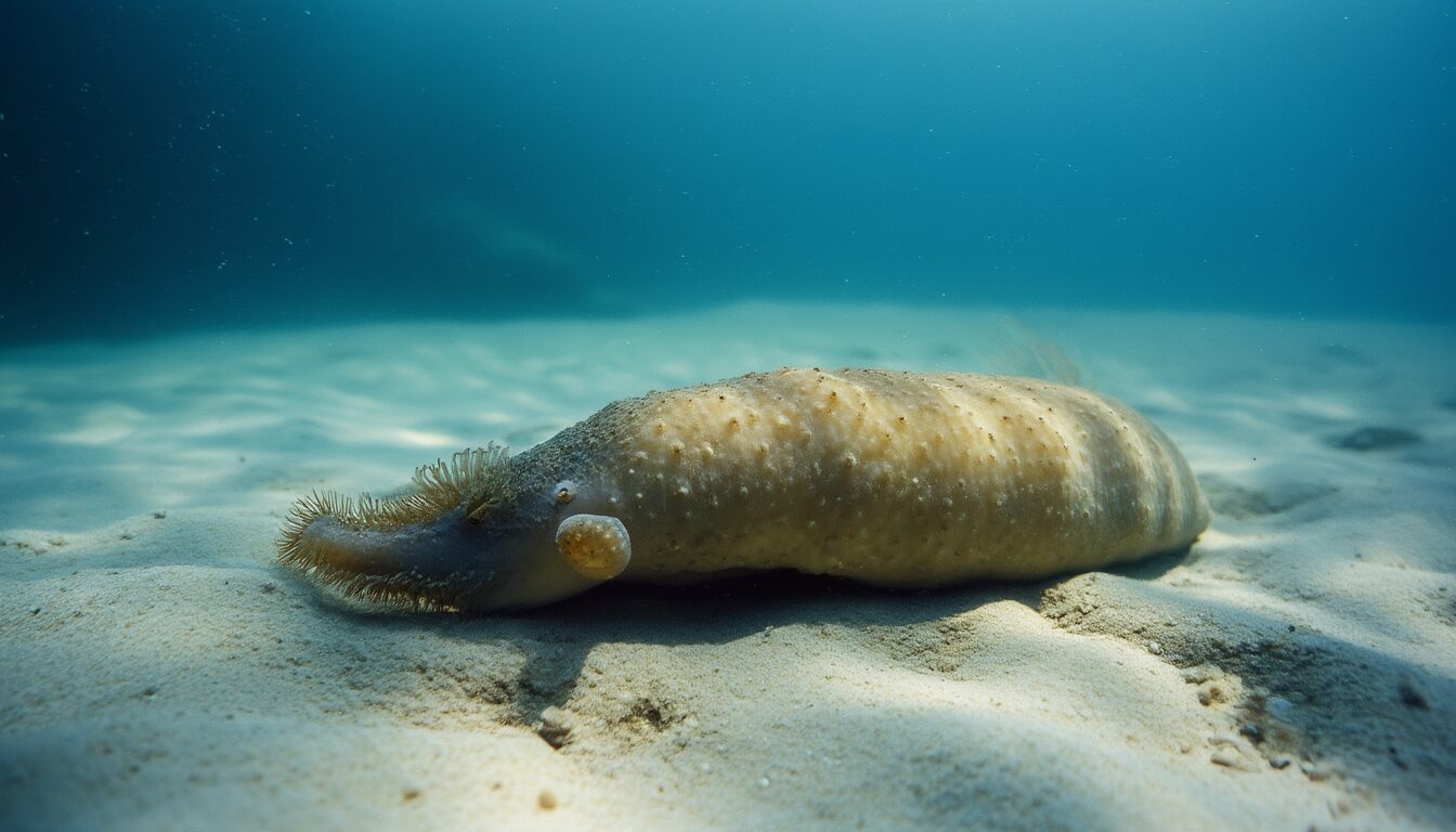 Eine Seegurke liegt auf sandigem Korallenriff-Boden im klaren blauen Meerwasser