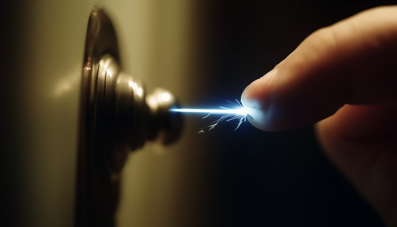 Fingerspitze kurz vor einer metallenen Türklinke, ein winziger elektrischer Funke springt über