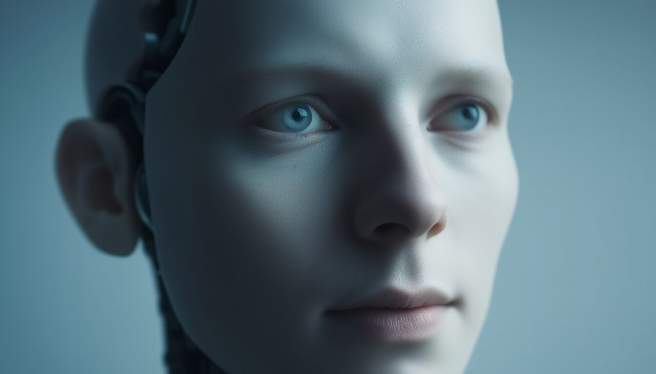 Fast menschlich wirkendes Androiden-Gesicht mit starrem Blick, das den Uncanny-Valley-Effekt veranschaulicht