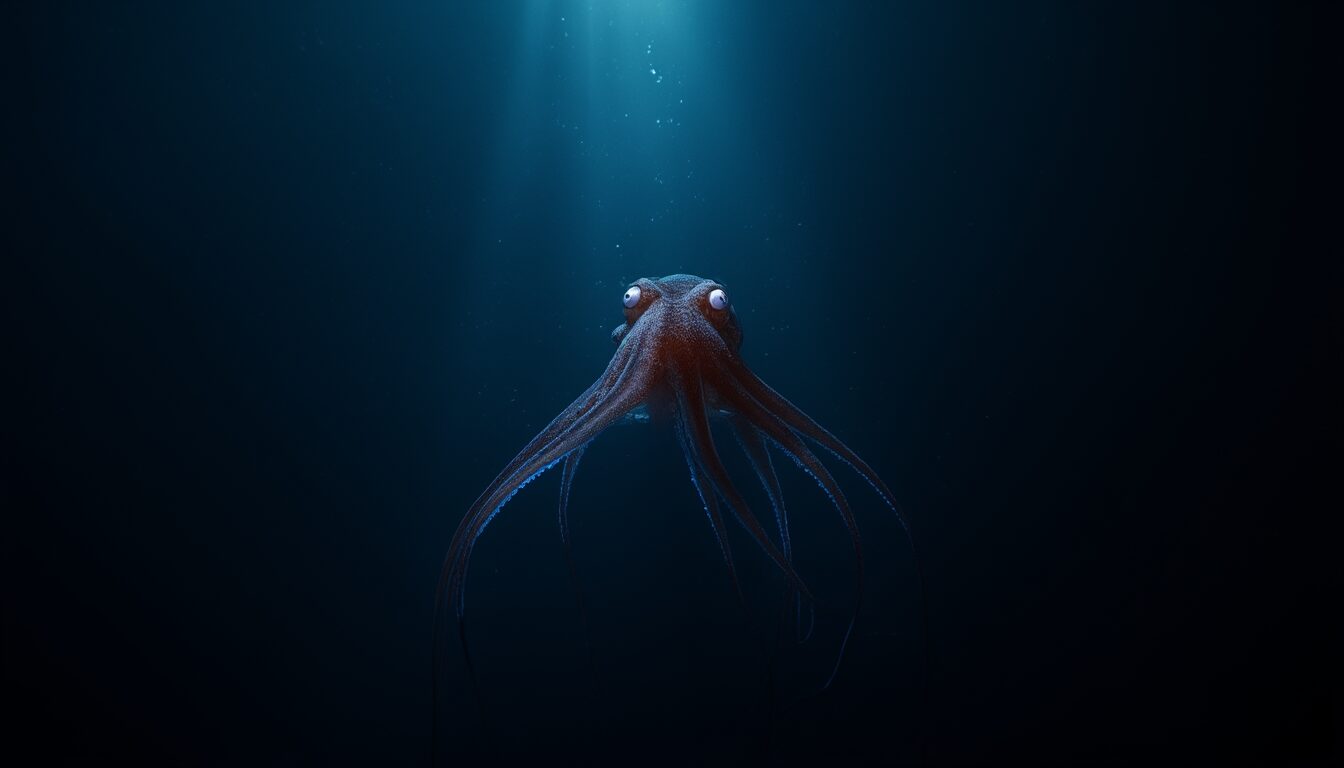 Vampirtintenfisch schwebt in der dunklen Tiefsee zwischen herabrieselndem Meeresschnee