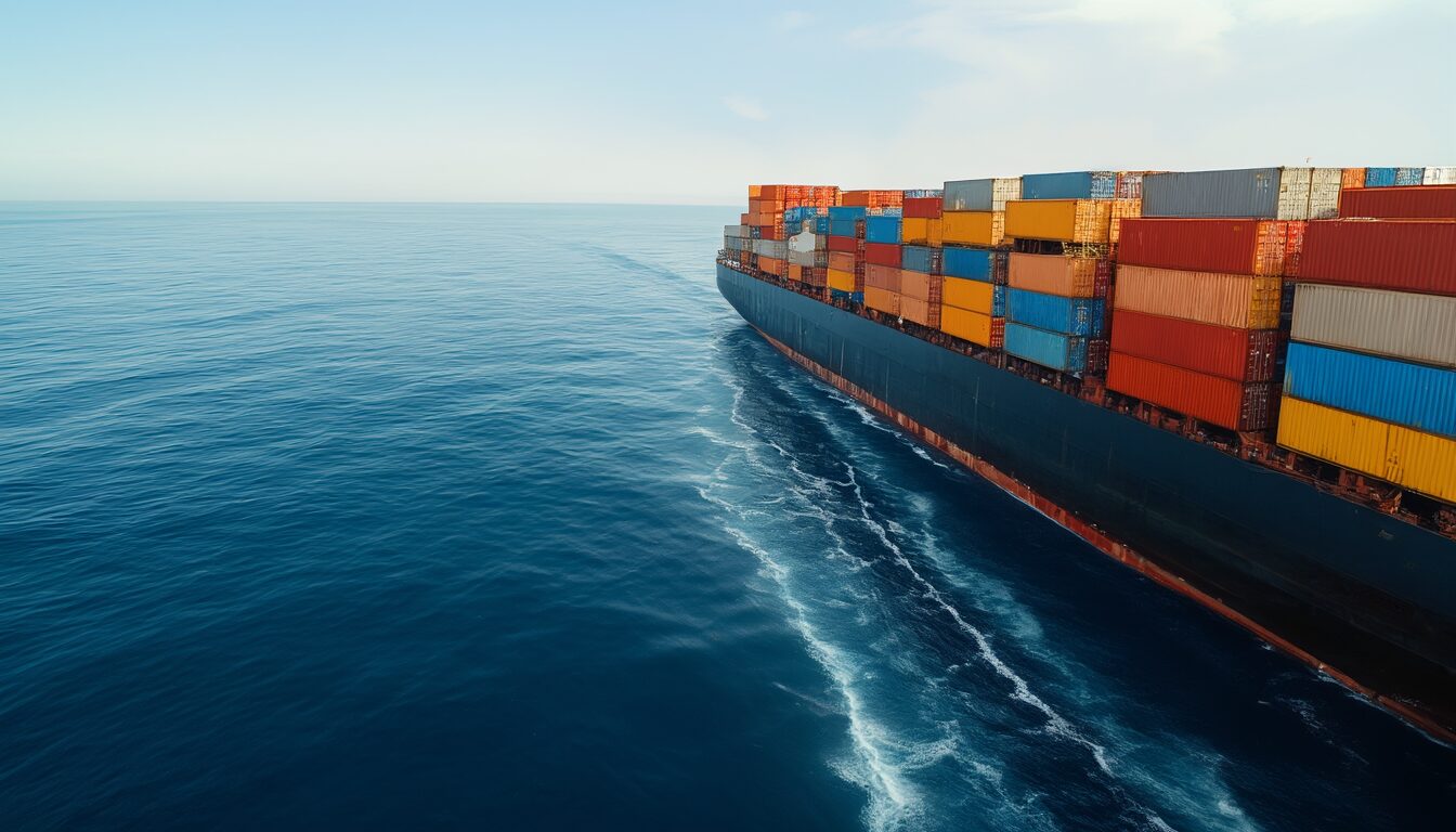 Riesiges beladenes Containerschiff aus Stahl schwimmt auf dem offenen Meer, die Wasserlinie am Rumpf ist deutlich sichtbar