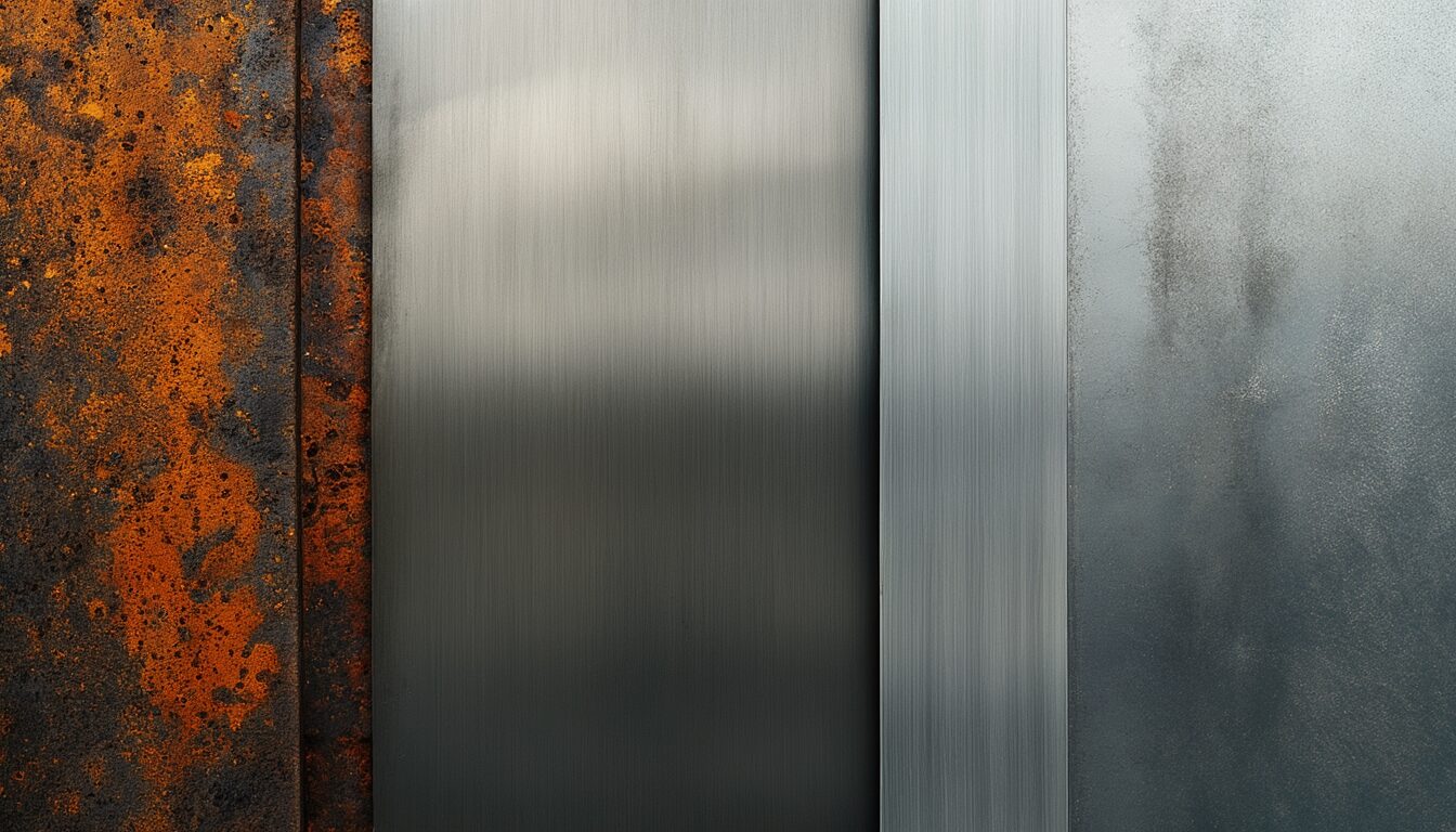 Nahaufnahme dreier Metalloberflächen im Vergleich: rostiges Eisen, glänzender Edelstahl und mattes Aluminium.