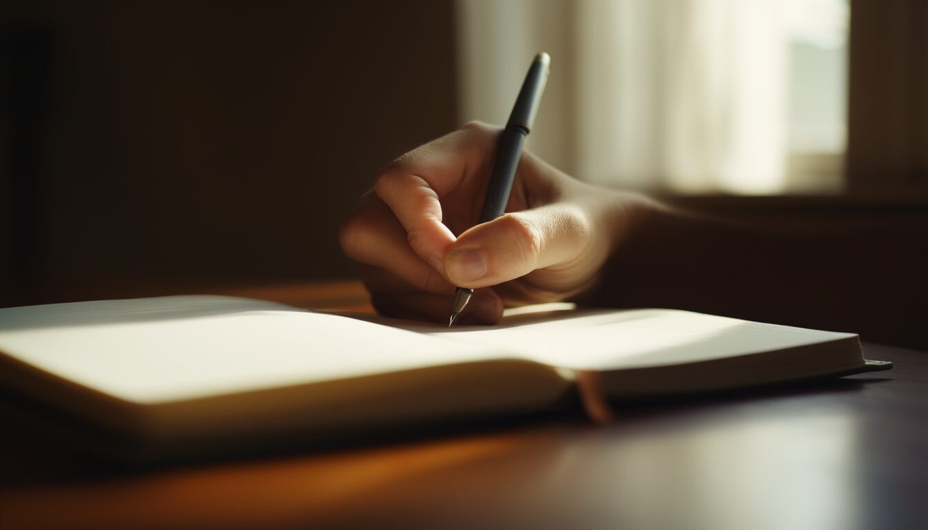 Nahaufnahme einer linken Hand, die mit einem Kugelschreiber in ein Notizbuch schreibt
