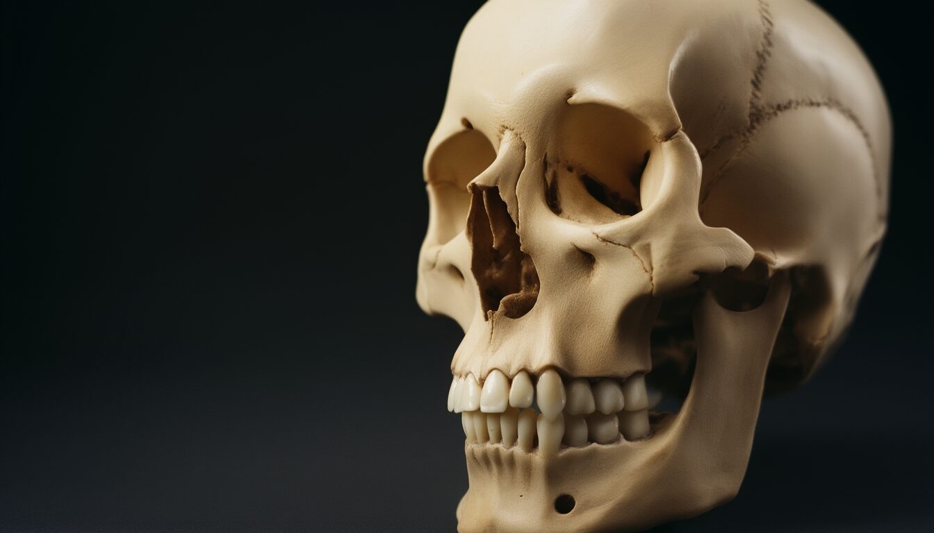 Anatomisches Modell eines menschlichen Schädels mit Blick auf Unterkiefer und die hinteren Backenzähne.
