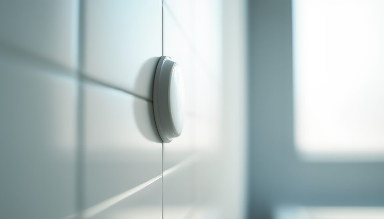 Durchsichtiger Gummi-Saugnapf haftet an einer glatten weißen Fliesenwand, Nahaufnahme