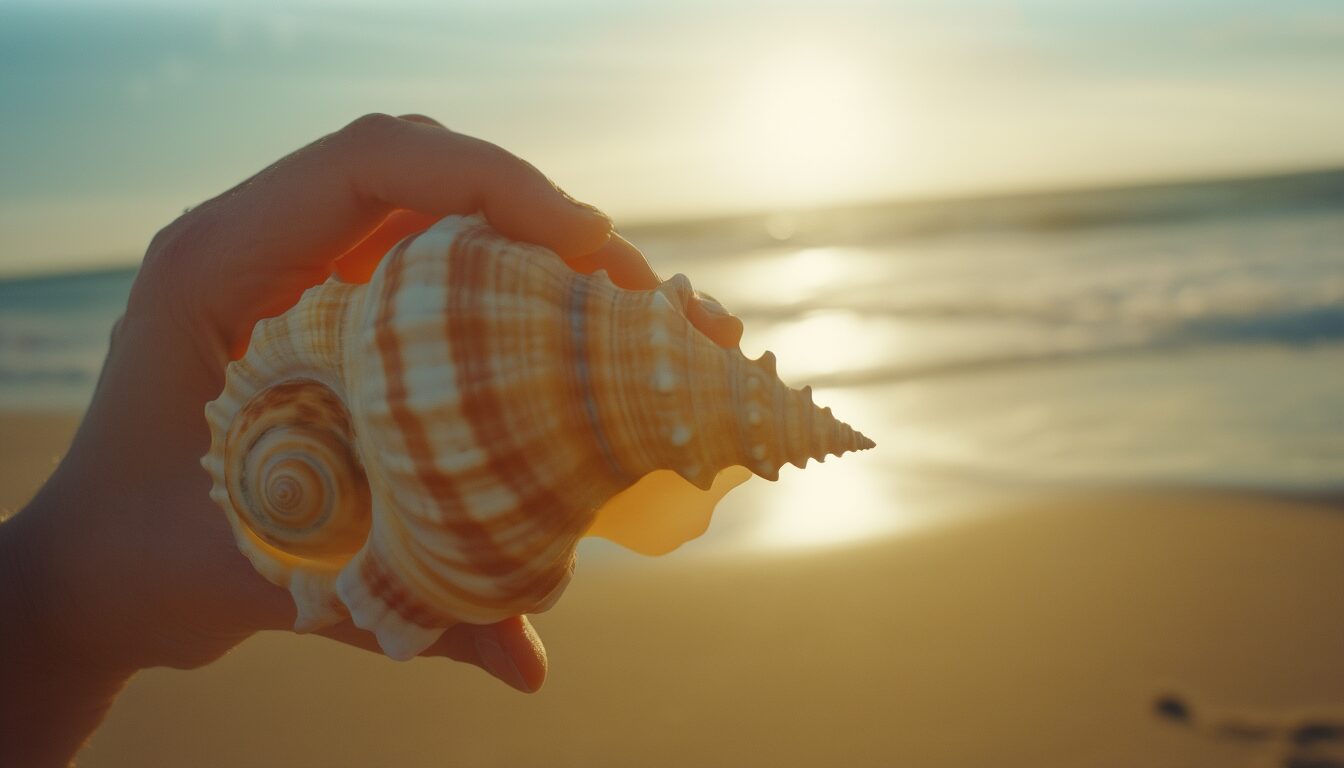 Person hält sich eine große Spiralmuschel ans Ohr am Strand, im unscharfen Hintergrund das Meer
