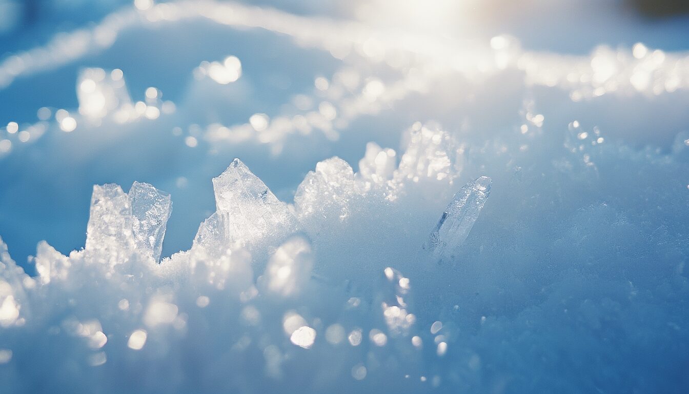 Nahaufnahme frischer Schneekristalle, die im Sonnenlicht funkeln und das Licht in alle Richtungen streuen