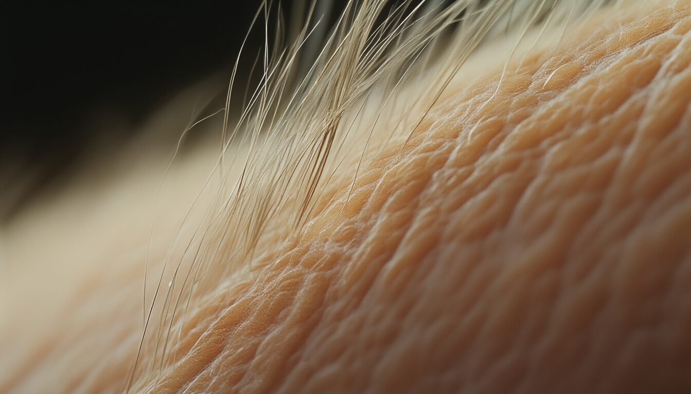 Nahaufnahme der Kopfhaut mit einem einzelnen grauen Haar zwischen dunklen Haaren an der Haarwurzel