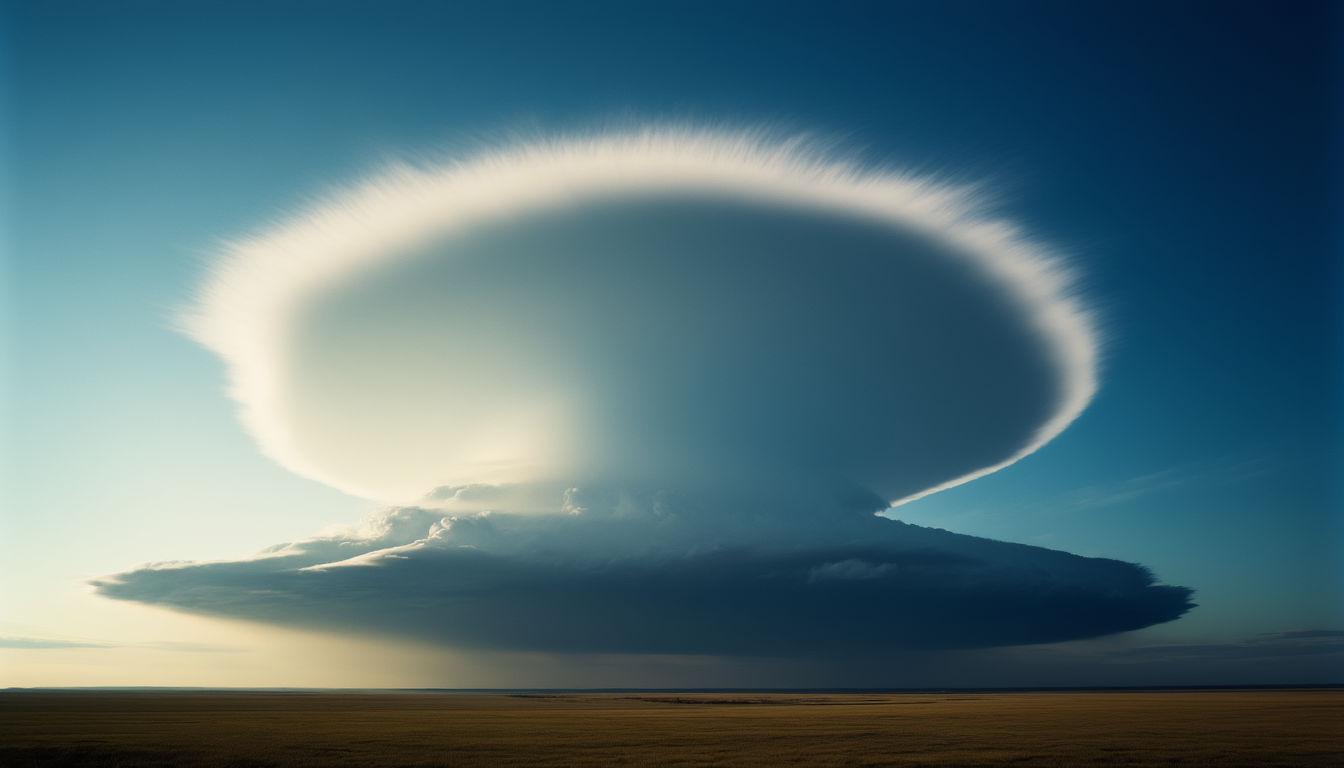 Riesige Ambosswolke (Cumulonimbus incus) mit flach ausgezogener Spitze über einer weiten Landschaft