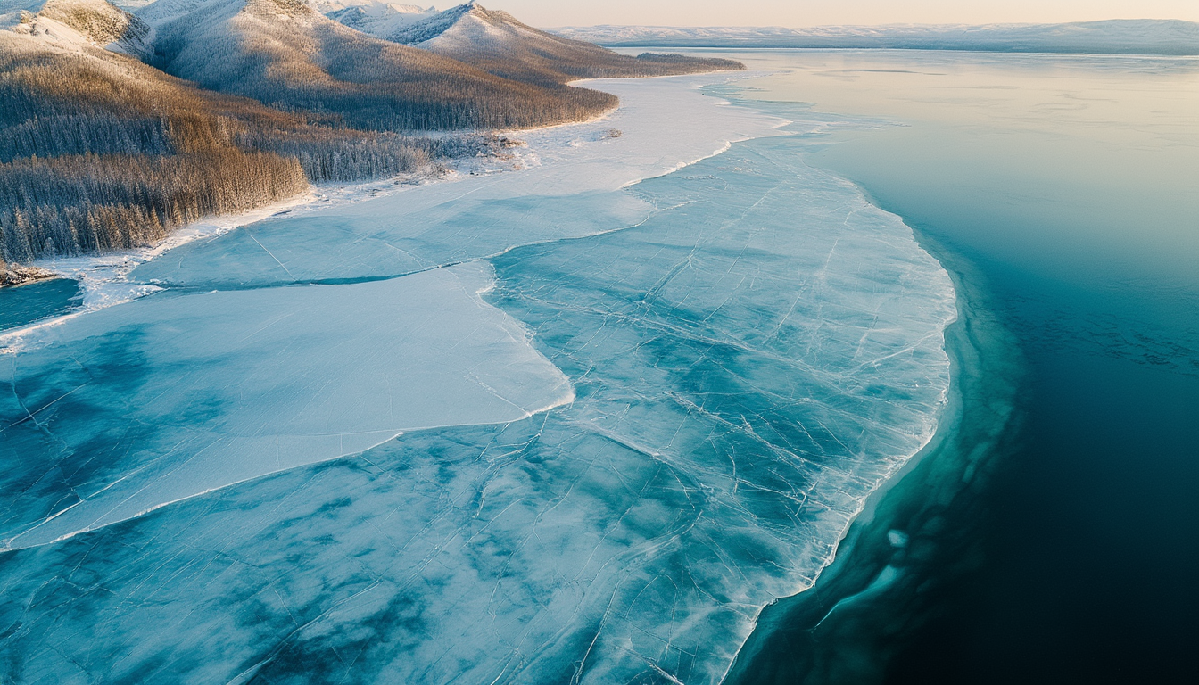 Luftaufnahme des zugefrorenen Baikalsees im Winter mit türkis leuchtendem Eis und schneebedeckten Bergen