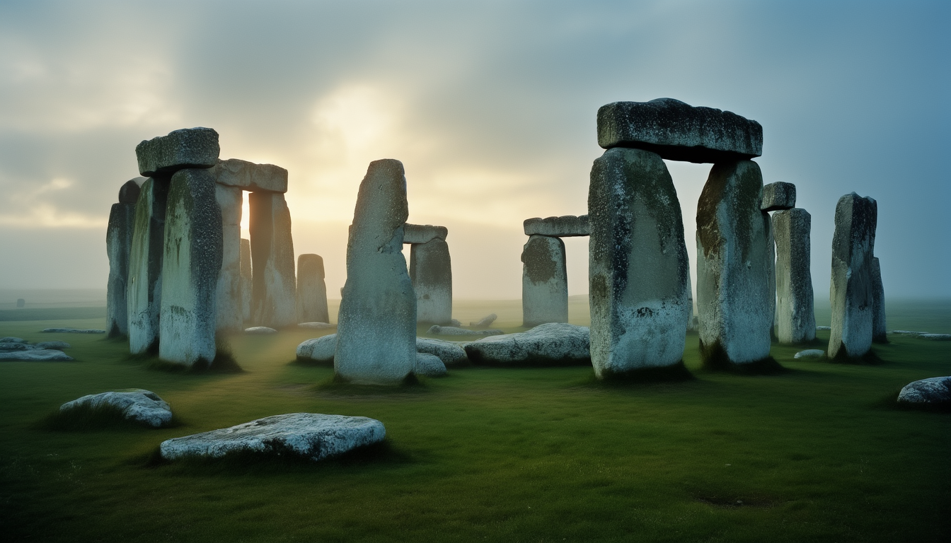 Steinkreis von Stonehenge im Morgennebel: kleinere Blausteine vor den massiven Sarsen-Trilithen auf der Salisbury Plain