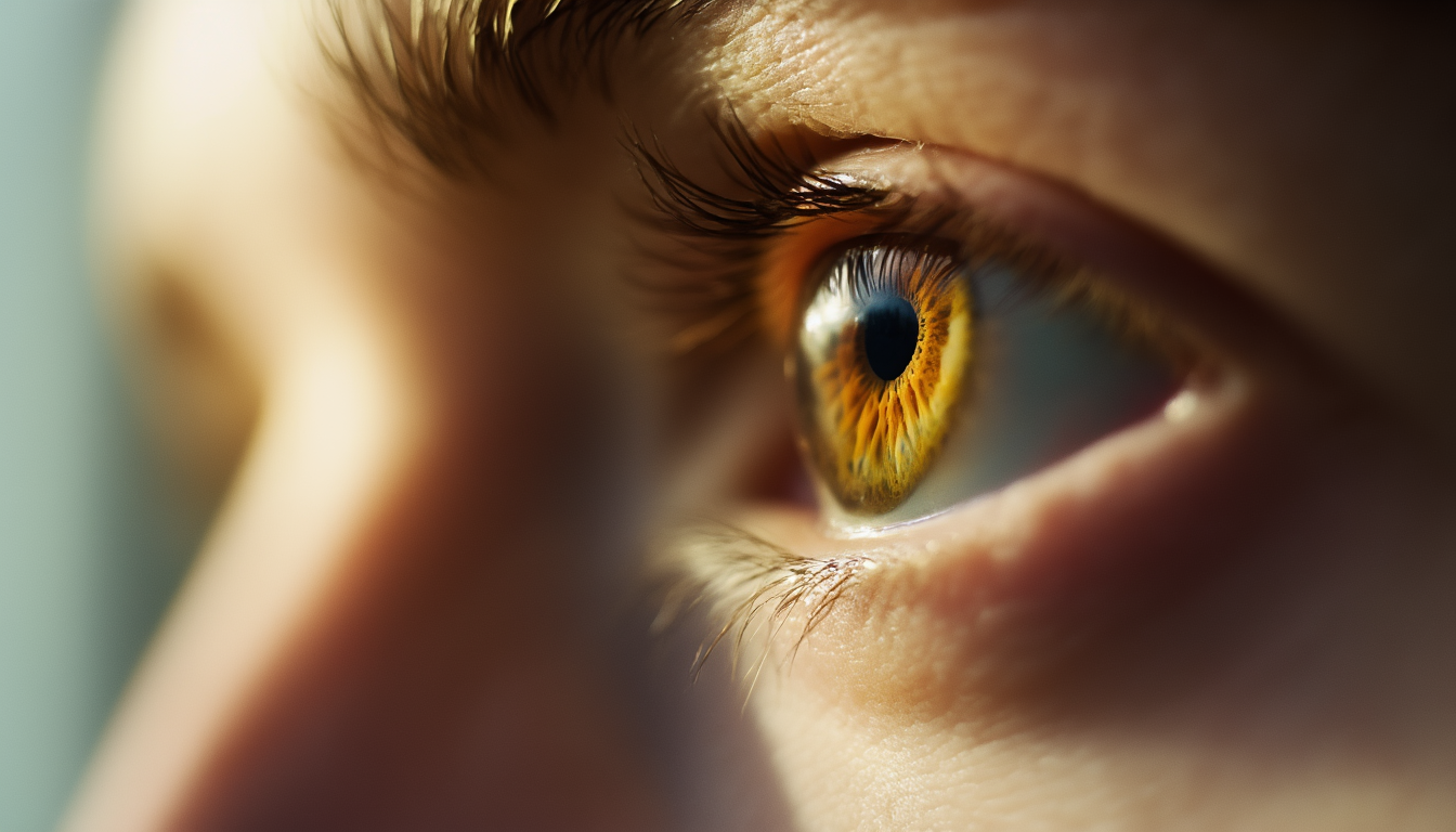 Nahaufnahme eines menschlichen Auges mit detailreicher Iris als Symbol für den blinden Fleck im Sehfeld