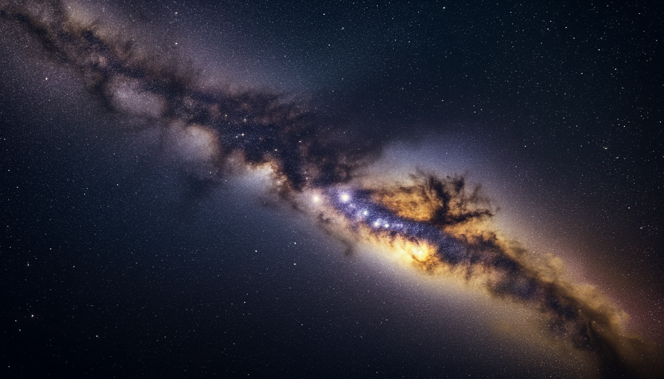 Das Staubband der Milchstraße vor tausenden Galaxien, die auf eine leuchtende Massenkonzentration im All zuströmen