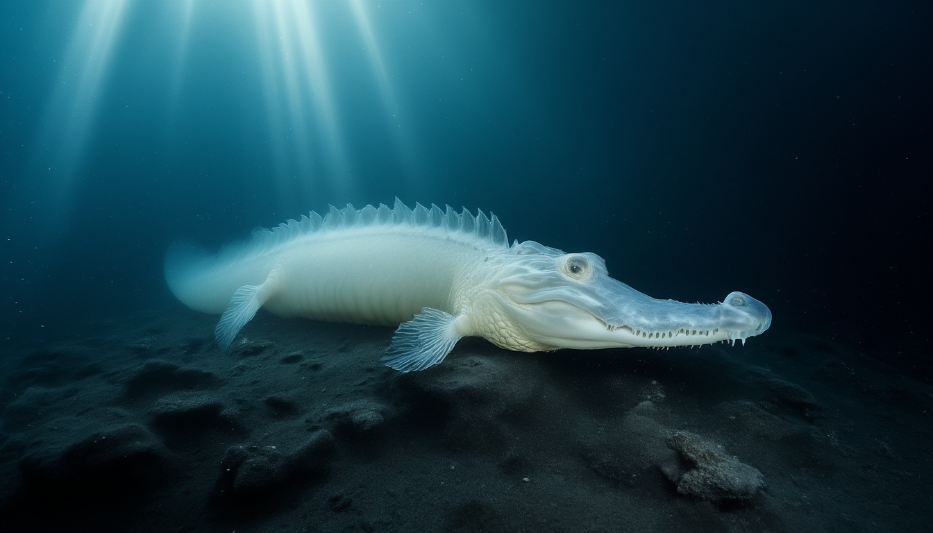 Blasser, schuppenloser Krokodil-Eisfisch mit großem Kopf und langem Maul am dunklen Grund des eiskalten Südpolarmeers.