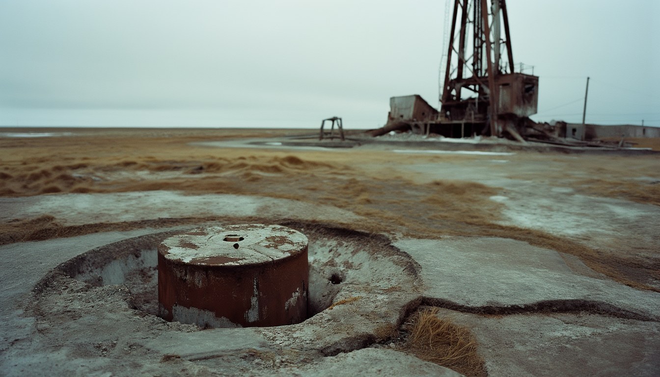 Verlassene sowjetische Tiefbohranlage auf der Kola-Halbinsel mit zugeschraubter Metallkappe über dem Bohrloch in verwittertem Beton.