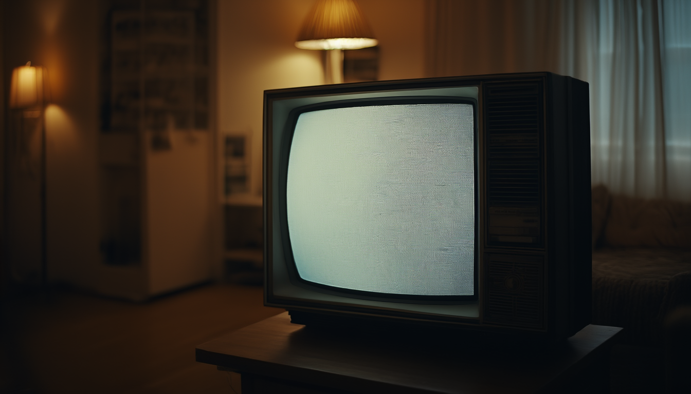 Alter Röhrenfernseher in einem abgedunkelten Wohnzimmer zeigt graues Bildrauschen auf dem Bildschirm
