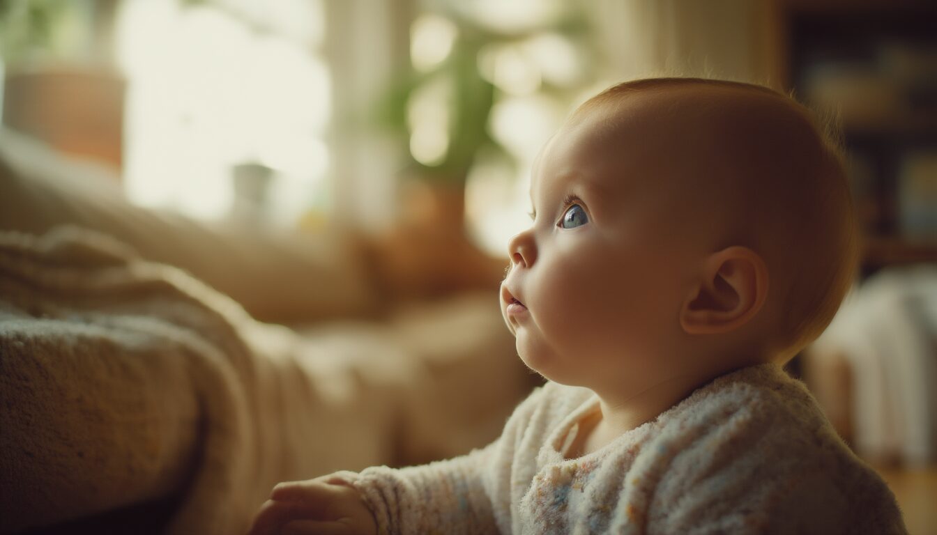 Neugieriges Baby mit weit geöffneten Augen sitzt im warmen Licht – Sinnbild für die frühe Kindheit und die infantile Amnesie