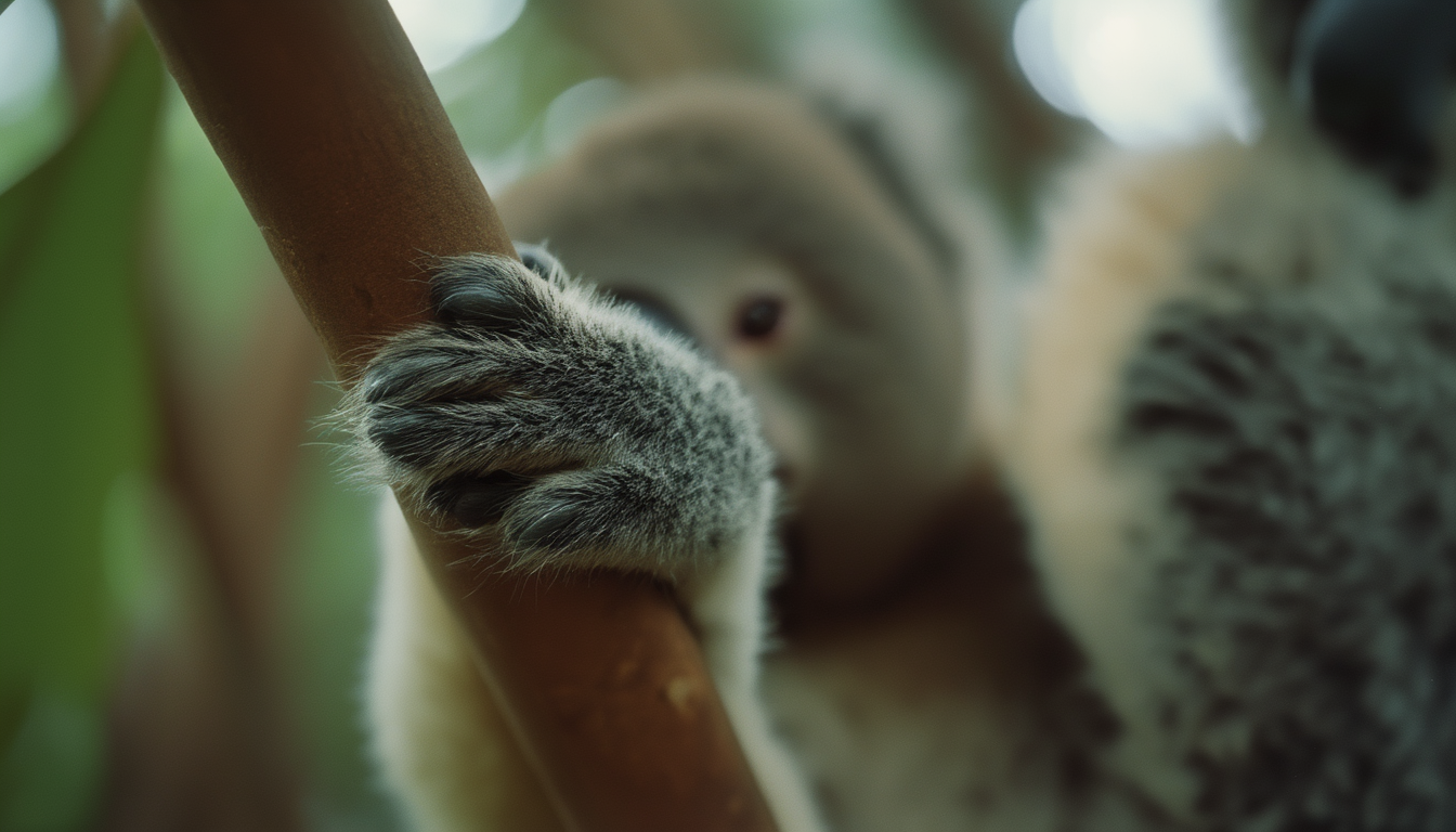 Nahaufnahme einer Koala-Pfote mit feinen Hautrillen auf den Fingerkuppen an einem Eukalyptuszweig