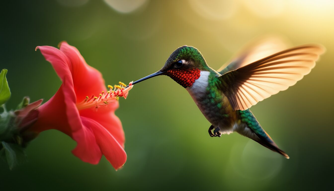 Kolibri im Schwirrflug vor einer roten Blüte, die schnell schlagenden Flügel zeigen deutliche Bewegungsunschärfe