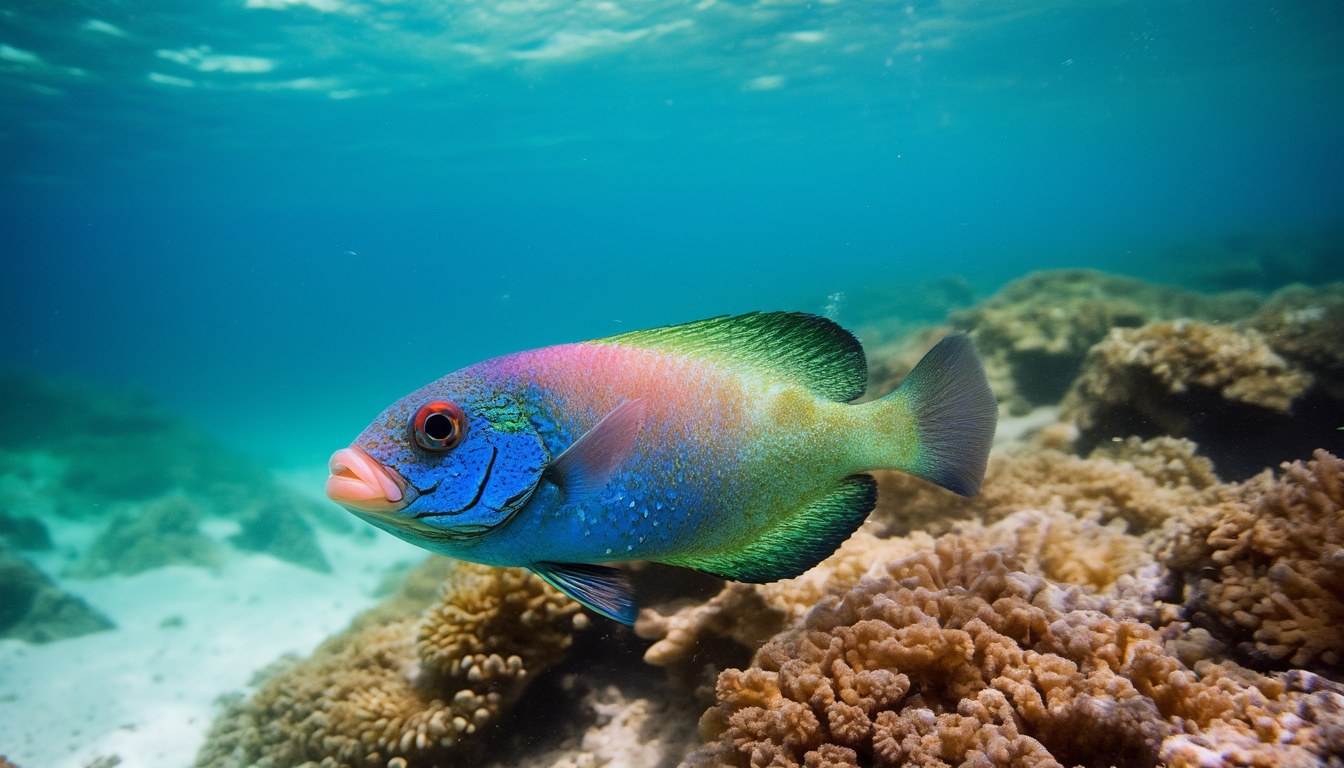 Bunter Papageienfisch knabbert an einer Koralle im türkisblauen Flachwasser über feinem weißem Sand