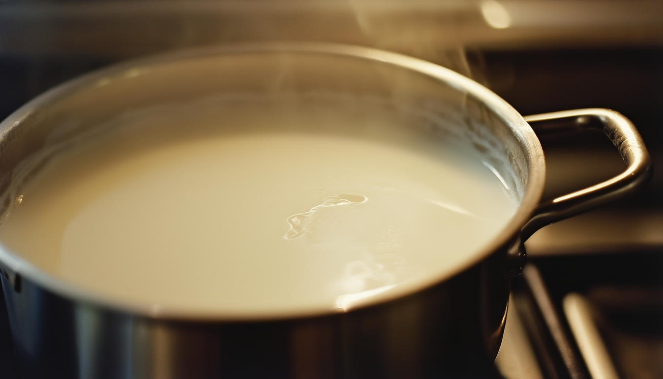 Nahaufnahme heißer Milch in einem Topf mit dünner Milchhaut auf der Oberfläche und aufsteigendem Dampf