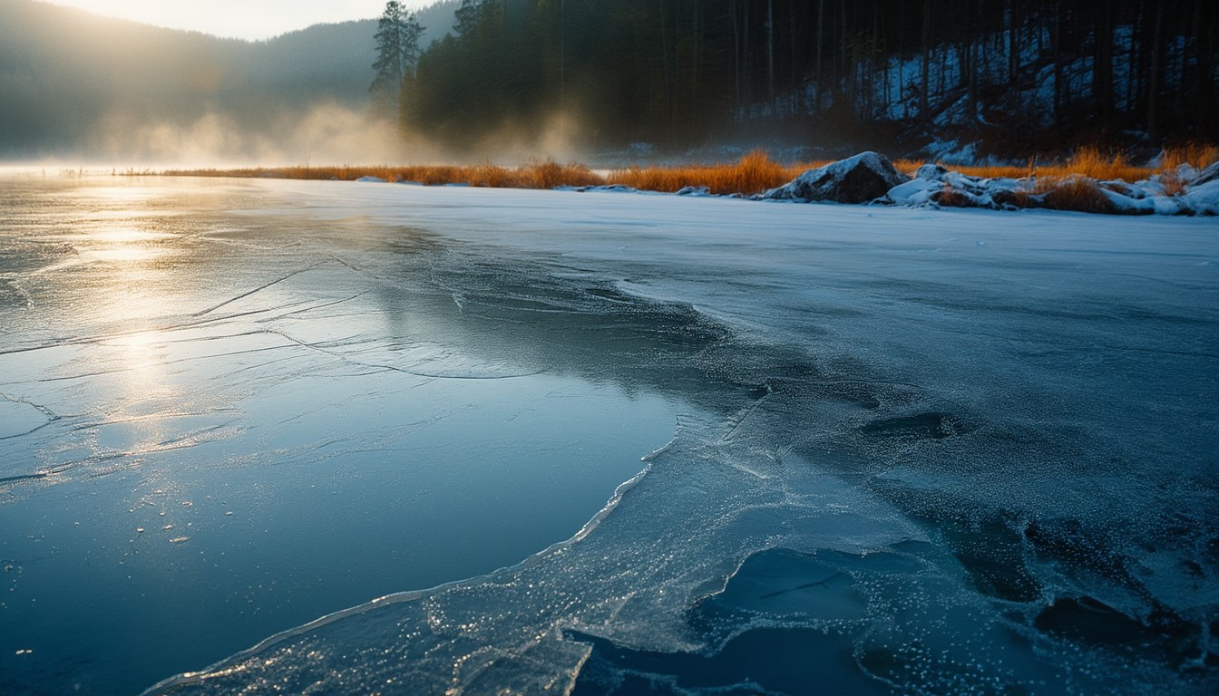 Zugefrorener See im Winterlicht: klare Eisdecke mit Luftblasen und Frostblumen, am Rand offenes Wasser