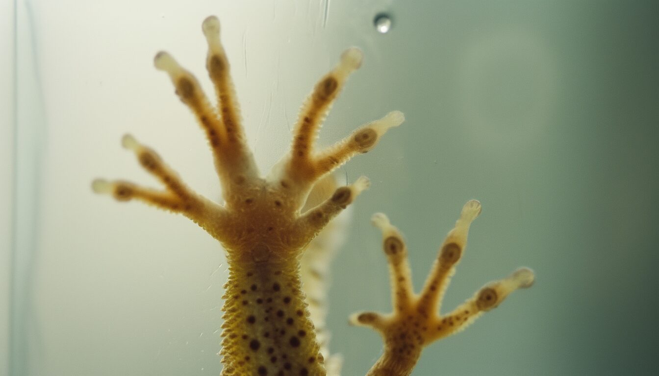Gecko haftet kopfüber an einer glatten Glasscheibe, Nahaufnahme der Zehenpolster