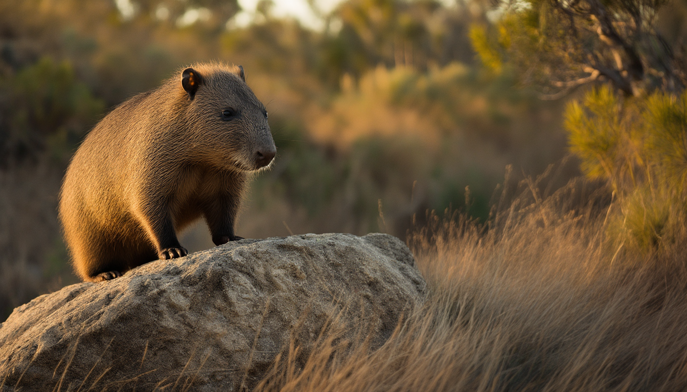 Nacktnasenwombat steht in der Abenddämmerung auf einem Granitfelsen im australischen Buschland