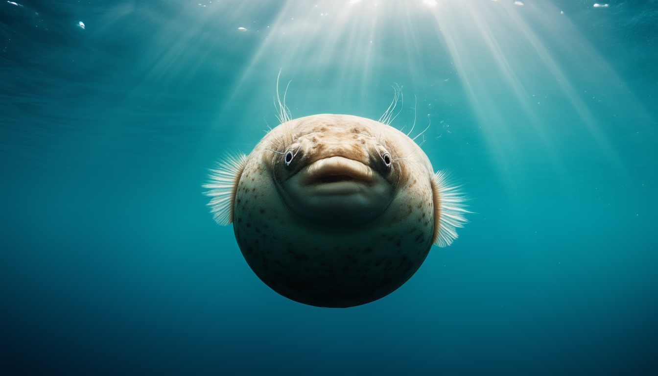 Aufgeblähter Kugelfisch mit abgespreizten Stacheln im klaren blauen Meerwasser
