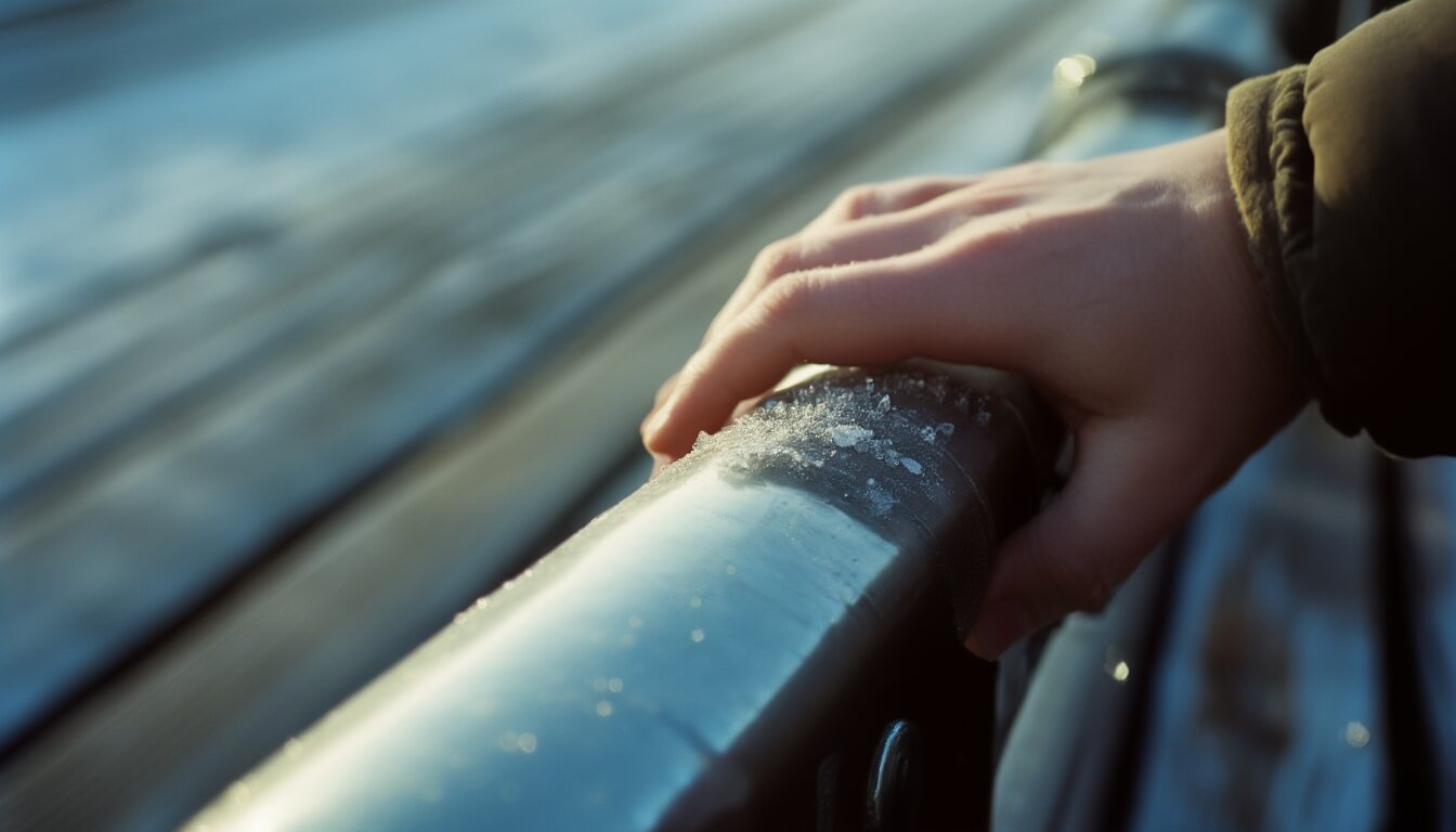 Hand berührt ein kaltes Metallgeländer neben Holzbrettern an einem frostigen Wintermorgen