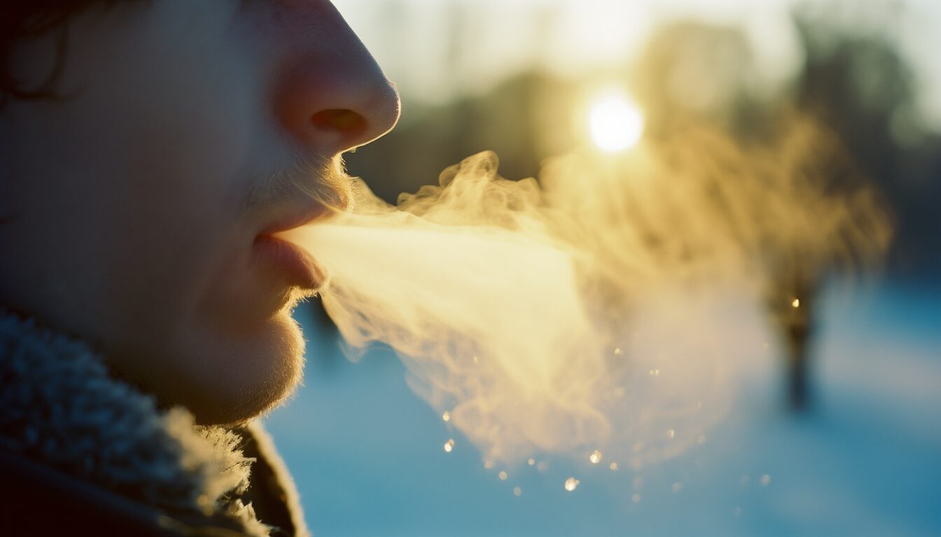 Sichtbarer Atem als weiße Wolke vor dem Gesicht einer Person an einem frostigen Wintermorgen im Gegenlicht