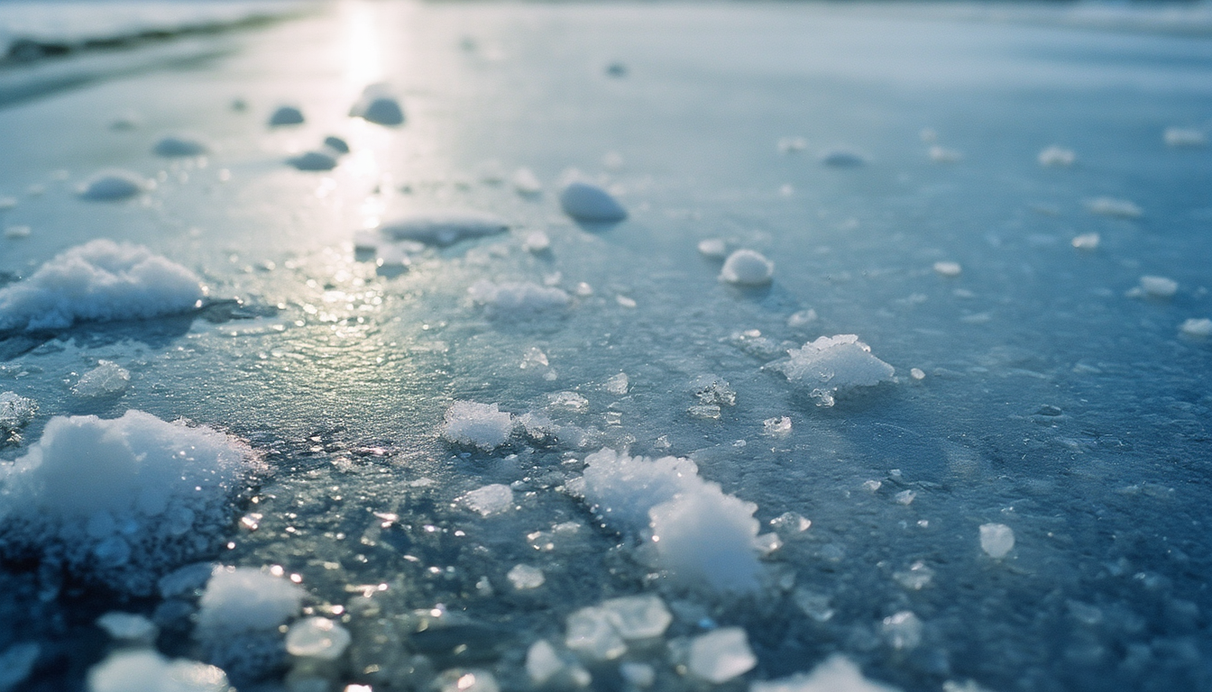 Grobe Streusalzkörner auf schmelzendem Eis mit kleinen Salzlake-Pfützen auf einem winterlichen Gehweg