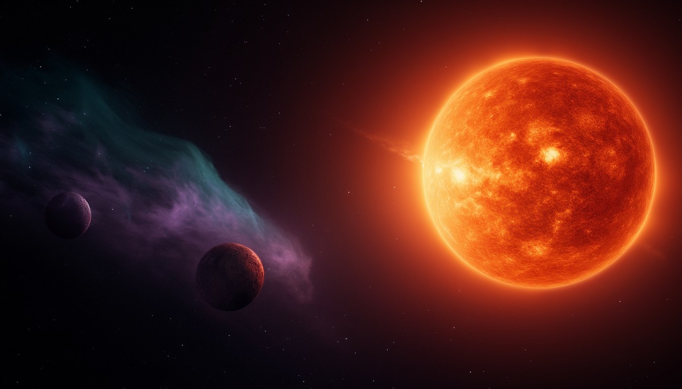 Die Sonne als aufgeblähter Roter Riese im Weltall, die ihre inneren Planeten verschluckt und leuchtendes Gas abstößt